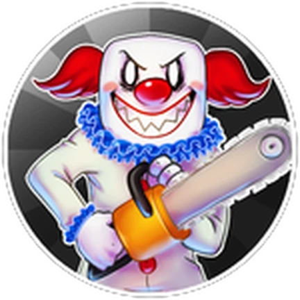 ไอคอนตัวตลกถือเลื่อยในภาพการ์ตูน จาก Maple Hospital ของ Marizma Games บน Roblox