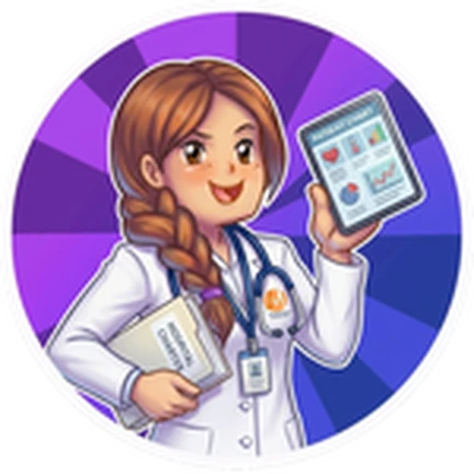 ไอคอนตัวละครผู้อำนวยการถือแท็บเล็ต จาก Maple Hospital ของ Marizma Games บน Roblox