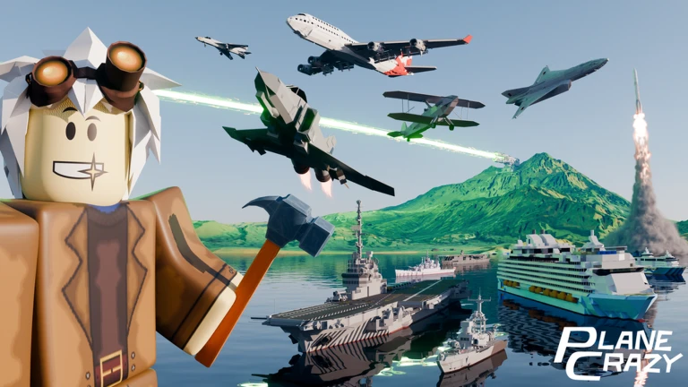 ภาพทางการ Plane Crazy ตัวละครผู้สร้างกับยานหลายชนิดในฉากสีเขียว · Media Plane Crazy · 124917063705079