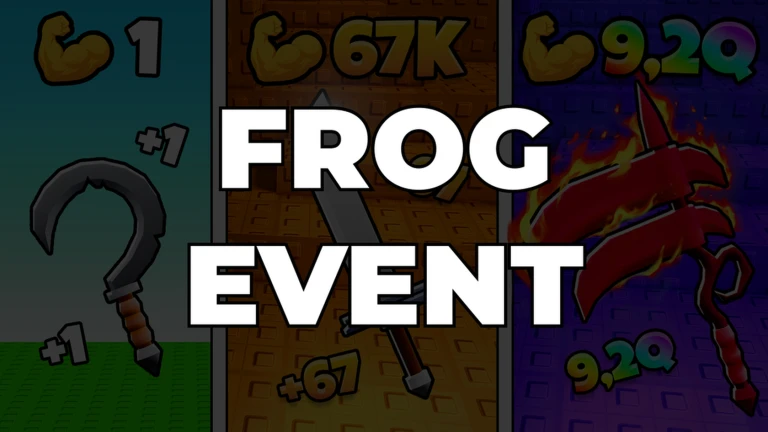 โปสเตอร์ Event FROG EVENT ของ +1 Cut Grass Adventure แสดงภาพอาวุธสามช่องพร้อมตัวอักษร FROG EVENT สีขาว