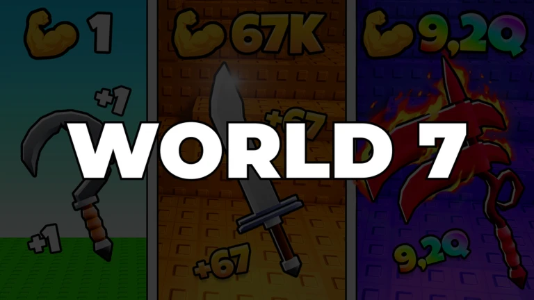 โปสเตอร์ Event WORLD 7 ของ +1 Cut Grass Adventure แสดงภาพสามช่องอาวุธพร้อมตัวอักษร WORLD 7 สีขาว