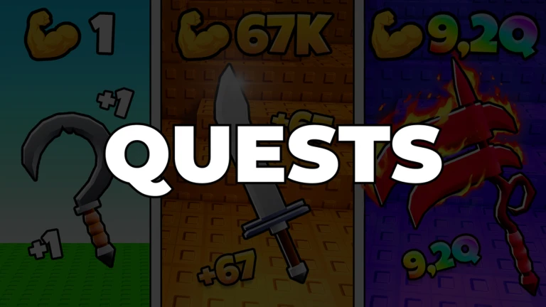โปสเตอร์ Event QUESTS ของ +1 Cut Grass Adventure แสดงภาพอาวุธสามช่องพร้อมตัวอักษร QUESTS สีขาว