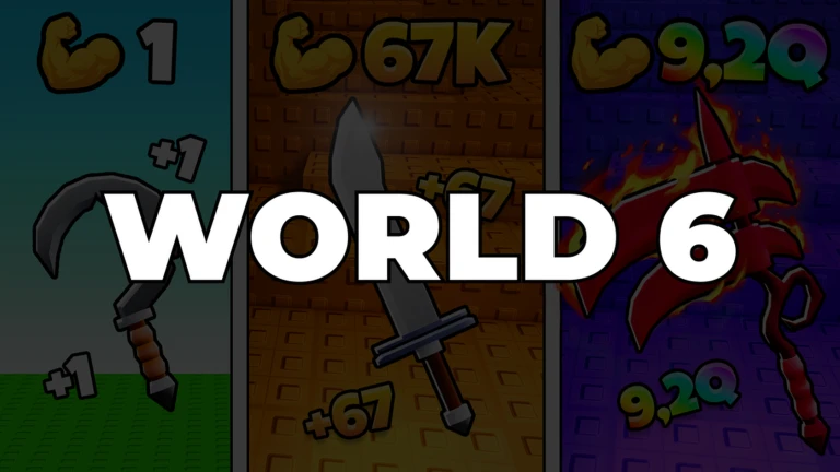โปสเตอร์ Event WORLD 6 ของ +1 Cut Grass Adventure แสดงภาพอาวุธสามช่องพร้อมตัวอักษร WORLD 6 สีขาว
