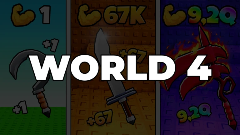 โปสเตอร์ Event WORLD 4 ของ +1 Cut Grass Adventure แสดงภาพอาวุธสามช่องพร้อมตัวอักษร WORLD 4 สีขาว