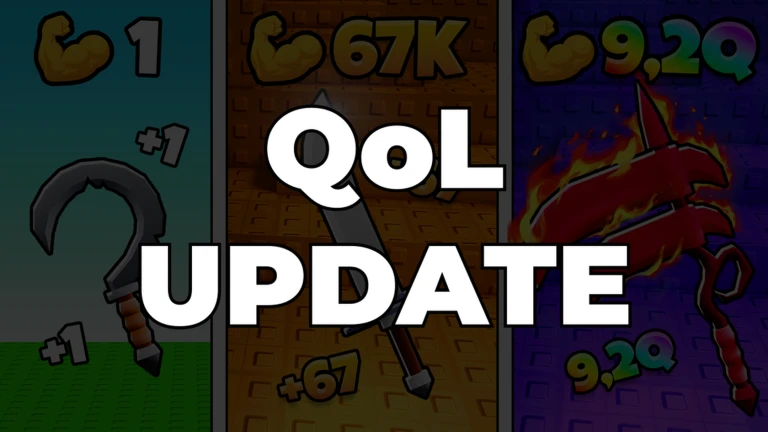 โปสเตอร์ Event QoL Update ของ +1 Cut Grass Adventure แสดงภาพอาวุธสามช่องพร้อมตัวอักษร QoL UPDATE สีขาว