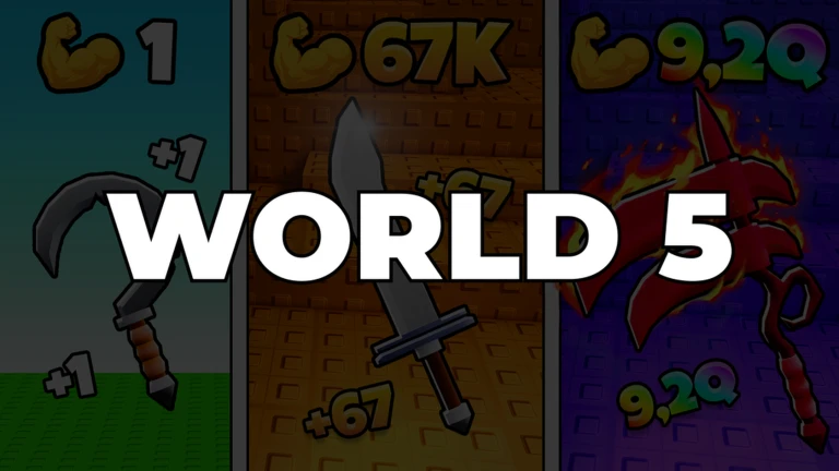 โปสเตอร์ Event WORLD 5 ของ +1 Cut Grass Adventure แสดงภาพอาวุธสามช่องพร้อมตัวอักษร WORLD 5 สีขาว