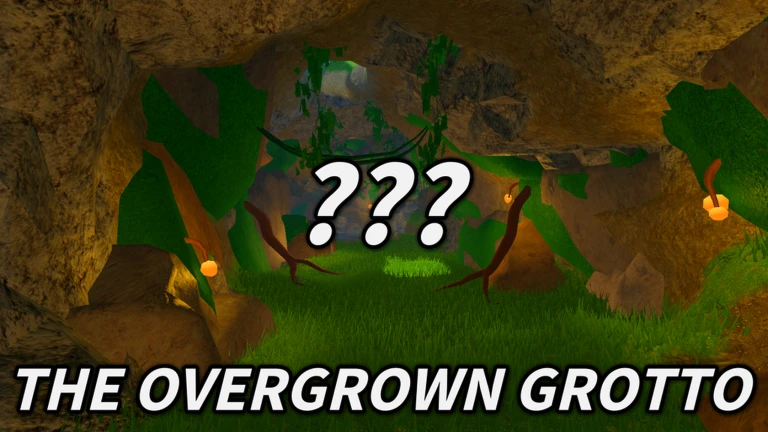 ภาพทางการ Prospecting! ทางเข้าถ้ำรกเขียวกับคำ The Overgrown Grotto และเครื่องหมายคำถาม · Event The Cavern Expansion · 6995416440010179097