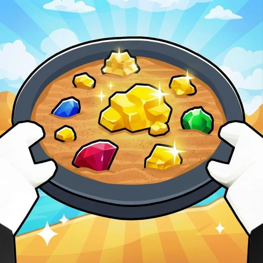 ภาพทางการ Prospecting! มือสองข้างถือกระทะร่อนแร่ที่มีทองและอัญมณีหลากสี · ไอคอน Prospecting!