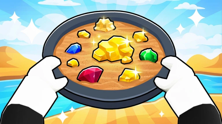 ภาพทางการ Prospecting! มือสองข้างถือกระทะร่อนแร่กับพลอยสีต่าง ๆ ริมทะเล · Media Prospecting! · 109735751888462