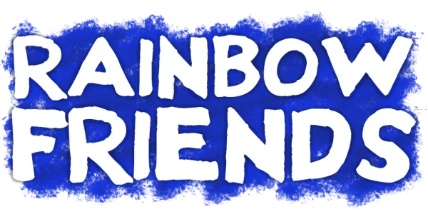 ตัวอักษร Rainbow Friends สีขาวบนพื้นน้ำเงินจากเว็บไซต์ทางการ Roy & Charcle
