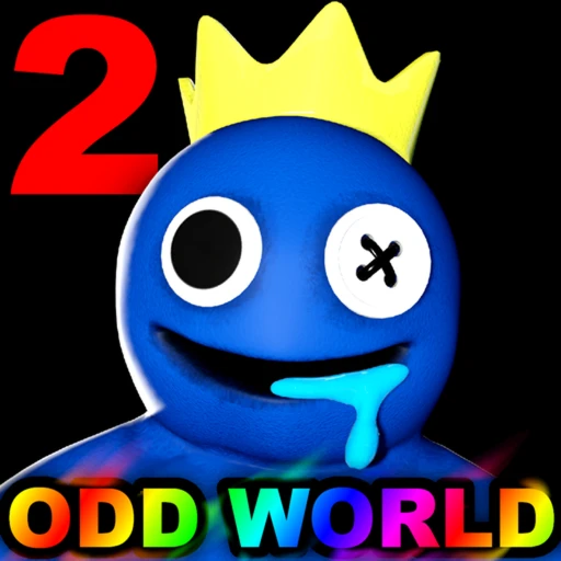Blue สีน้ำเงินสวมมงกุฎกับข้อความ 2 Odd World บนไอคอนเกม Rainbow Friends