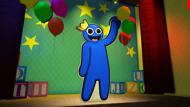 Blue ตัวการ์ตูนโบกมือบนเวทีที่มีลูกโป่งในภาพ Media ทางการ Rainbow Friends