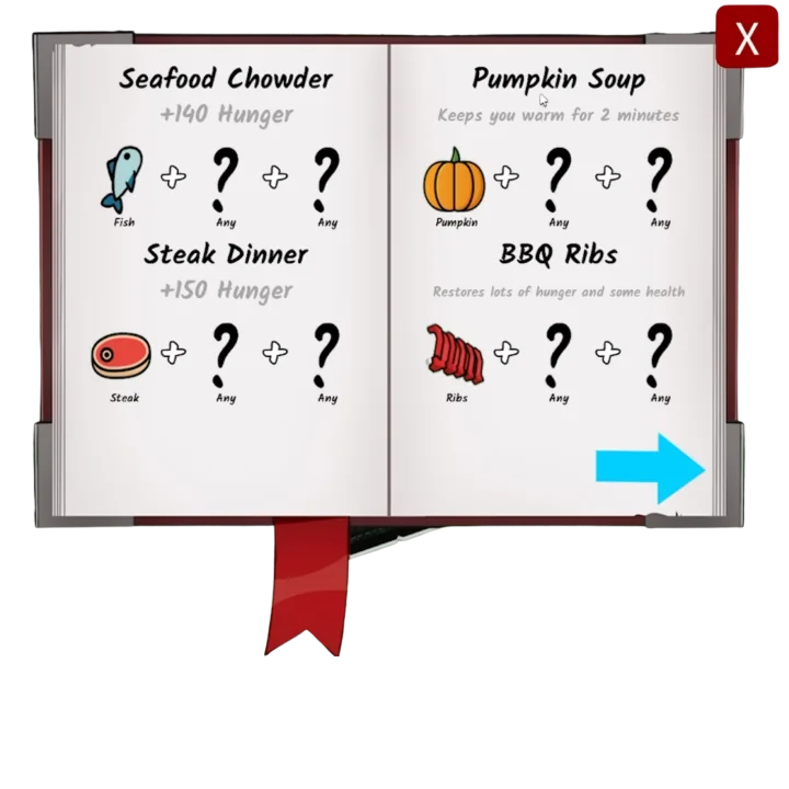หน้าสมุดสูตร Chef แสดง Seafood Chowder Steak Dinner Pumpkin Soup และ BBQ Ribs