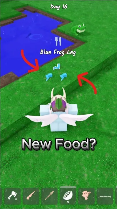 ภาพ gameplay แสดง Blue Frog Leg สีฟ้าสามชิ้นบนพื้นพร้อมป้ายชื่อ Blue Frog Leg