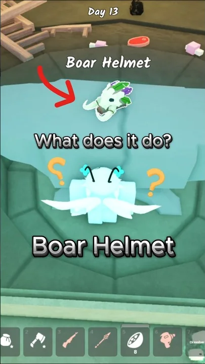 ภาพ gameplay แสดง Boar Helmet สีขาวมีเขี้ยวและใบไม้ พร้อมตัวอย่างขณะสวม