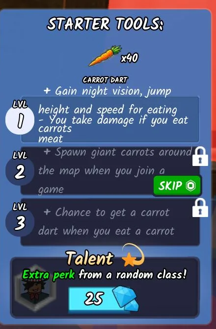 กรอบข้อมูลคลาส Bunny แสดงไอคอน Carrot Dart จำนวน 40 และความสามารถทั้งสามระดับ