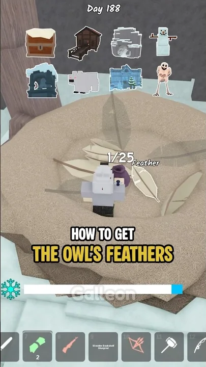 ภาพในเกมแสดงกอง Feather สีขาวภายใน Owl’s Nest พร้อมป้ายชื่อ Feather