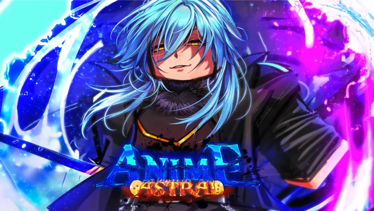 ภาพโปรโมต Anime Astral Simulator ตัวละครผมฟ้ากับฉากสีม่วง