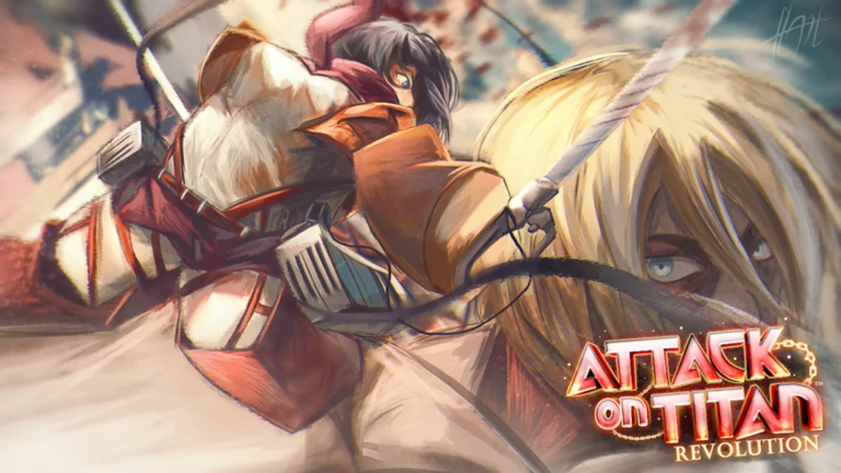 ภาพโปรโมต Attack on Titan Revolution ทางการ เป็นภาพตัวละครต่อสู้กับไททัน