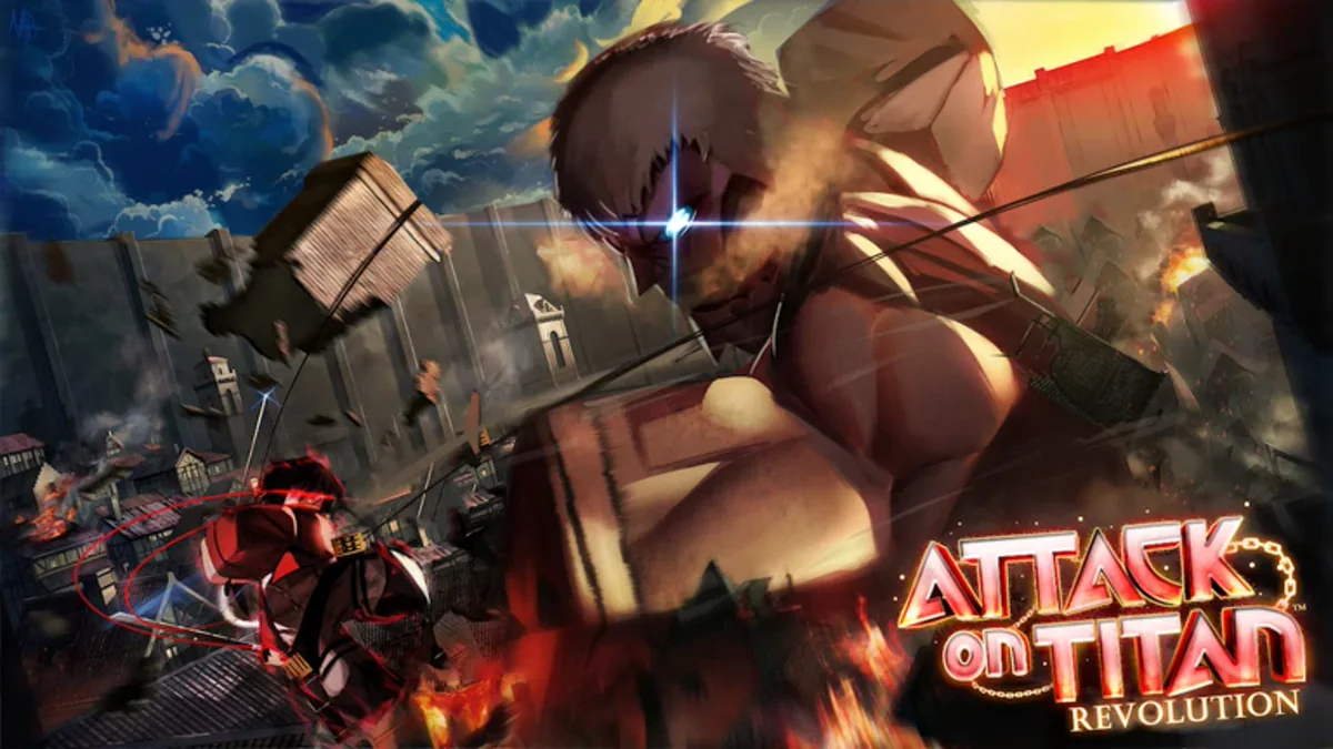 ภาพโปรโมต Attack on Titan Revolution ทางการ เป็นภาพตัวละครต่อสู้กับไททัน