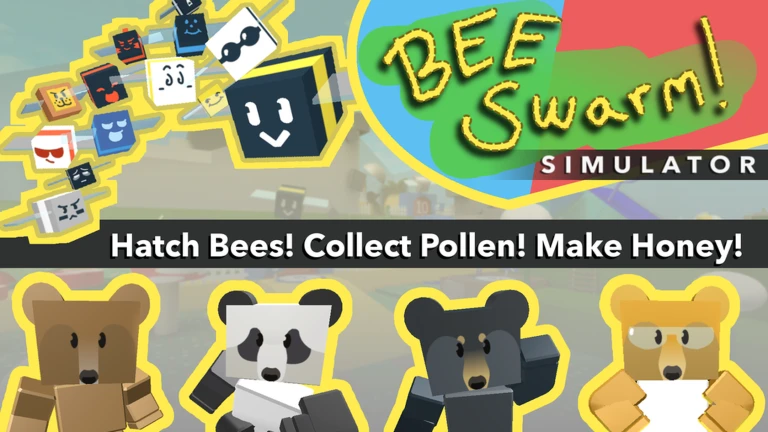 ภาพโปรโมต Bee Swarm Simulator มีโลโก้เกม ข้อความ Hatch Bees, Collect Pollen, Make Honey และตัวละครหมี