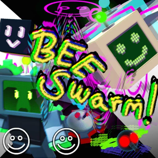 ไอคอนทางการ Bee Swarm Simulator มีตัวละครหน้าจอสีเขียวและดำกับแสงนีออนสีชมพูฟ้า
