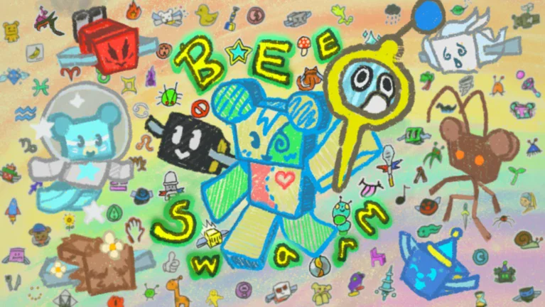 ภาพโปรโมตทางการ Bee Swarm Simulator เป็นภาพวาดตัวละครอยู่กลางภาพ ล้อมด้วยผึ้ง Cub Buddy และสัญลักษณ์สะสม