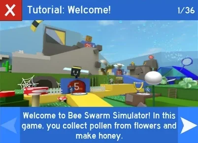 ภาพหน้าจอ Tutorial เริ่มต้นของ Bee Swarm Simulator