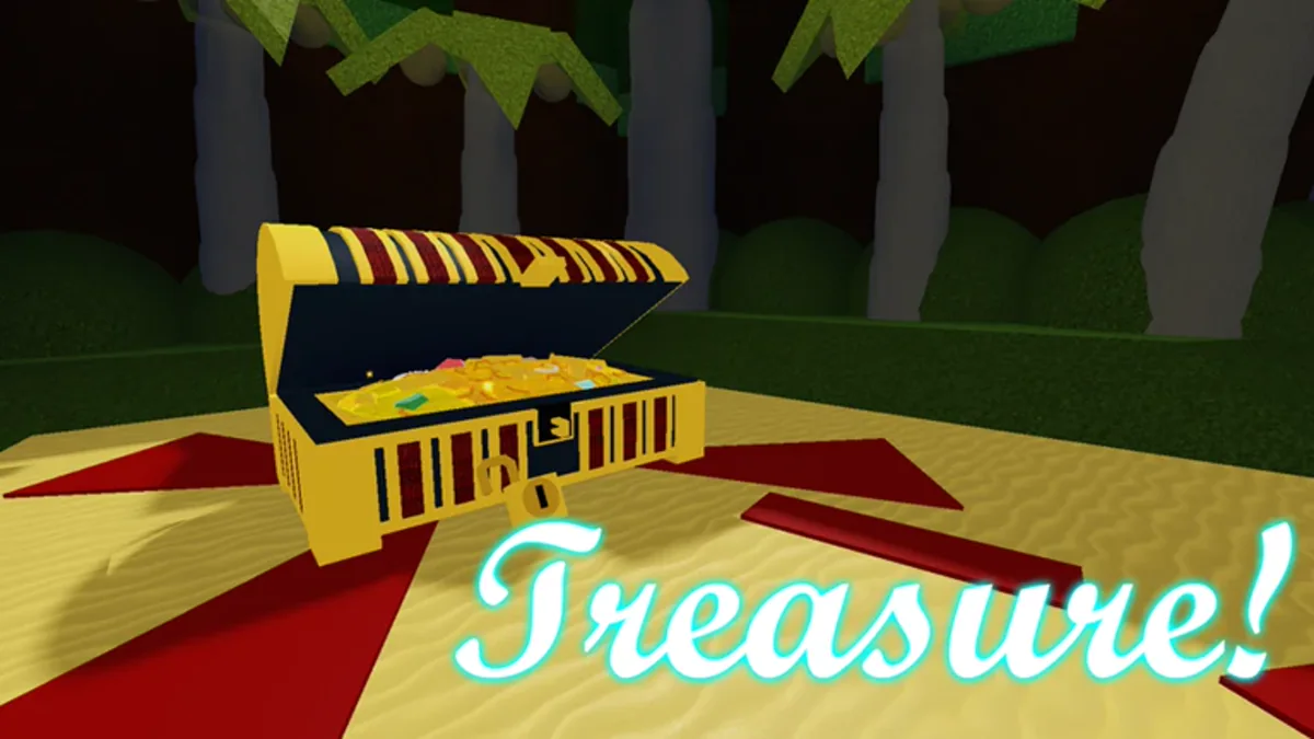 หีบสมบัติบนแท่นสีทองในภาพ Treasure ของเกม