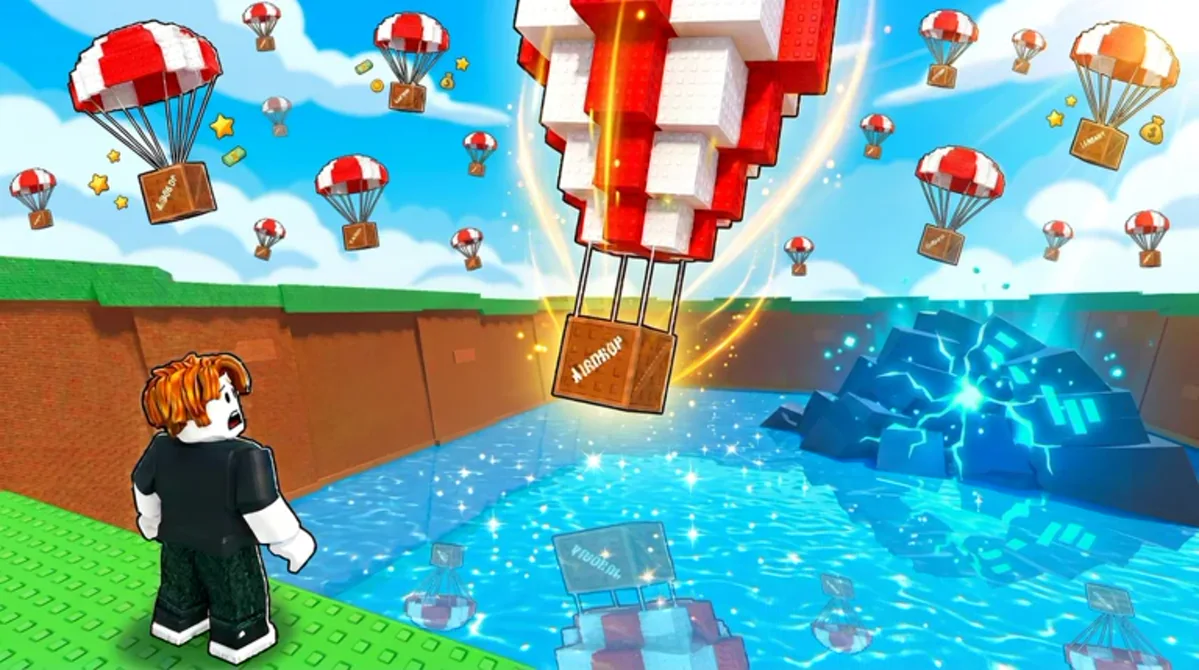 โปสเตอร์ Event เก่า AA + Codes + Blocks แสดงวัตถุลอยลงมาจากท้องฟ้าเหนือแม่น้ำ