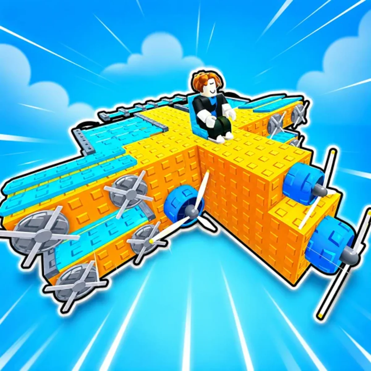 ไอคอน Build A Plane แสดงตัวละครนั่งบนเครื่องบินบล็อกสีเหลืองฟ้าและใบพัดหลายชุด