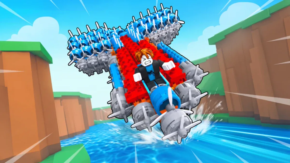 ภาพโปรโมต Build A Plane แสดงเครื่องบินบล็อกติดใบพัดบินผ่านแม่น้ำระหว่างหน้าผา