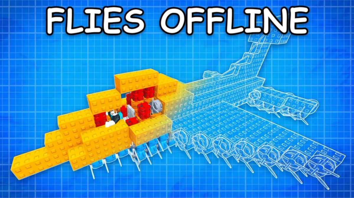 ภาพโปรโมต Build A Plane แสดงเครื่องบินบล็อกสีเหลืองที่มีข้อความ Flies Offline