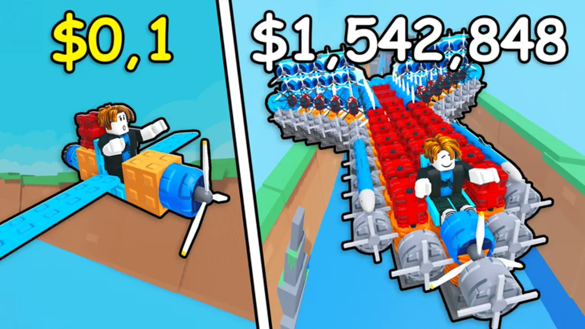 ภาพโปรโมต Build A Plane เทียบเครื่องบินลำเล็กกับเครื่องบินขนาดใหญ่และตัวเลขเงินในภาพ
