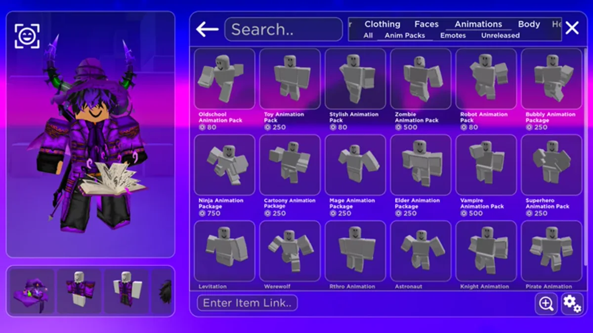 ภาพทางการ ภาพ Animation Packs และ Emotes ทางการ ของ Catalog Avatar Creator