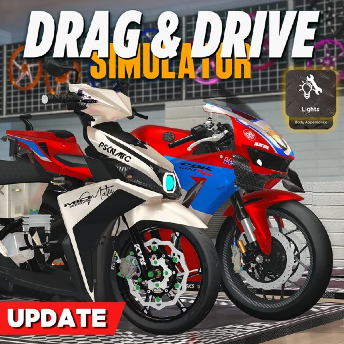 ไอคอน Drag Drive Simulator แสดงรถจักรยานยนต์หลายคันกับโลโก้เกม