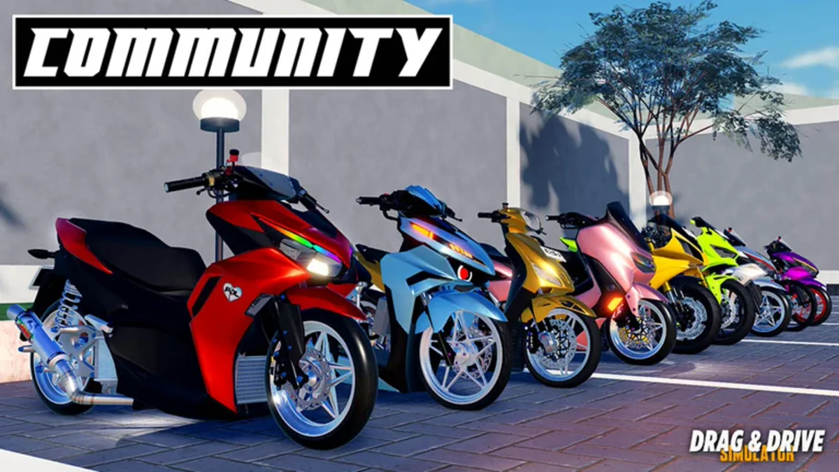 ภาพโปรโมต Community แสดงรถจักรยานยนต์หลายสีจอดเรียง