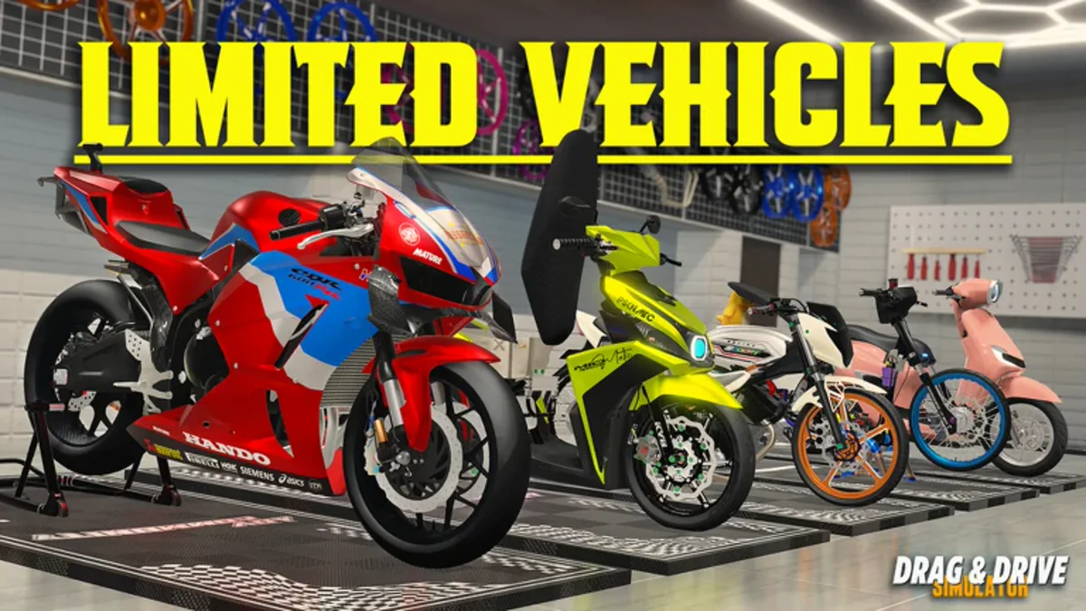 ภาพโปรโมต Drag Drive Simulator แสดงรถจักรยานยนต์ Limited หลายคัน