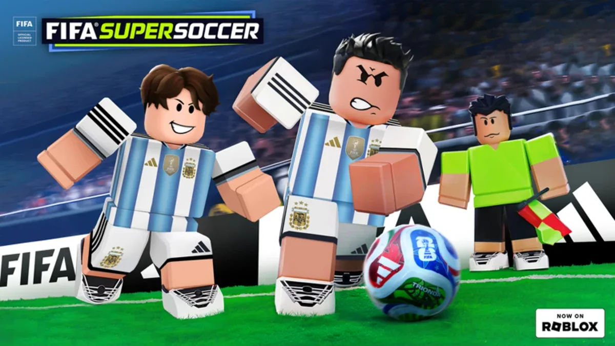 โปสเตอร์ FIFA Super Soccer Launch ย้อนหลัง เป็นนักฟุตบอลสามคนกับลูกบอล