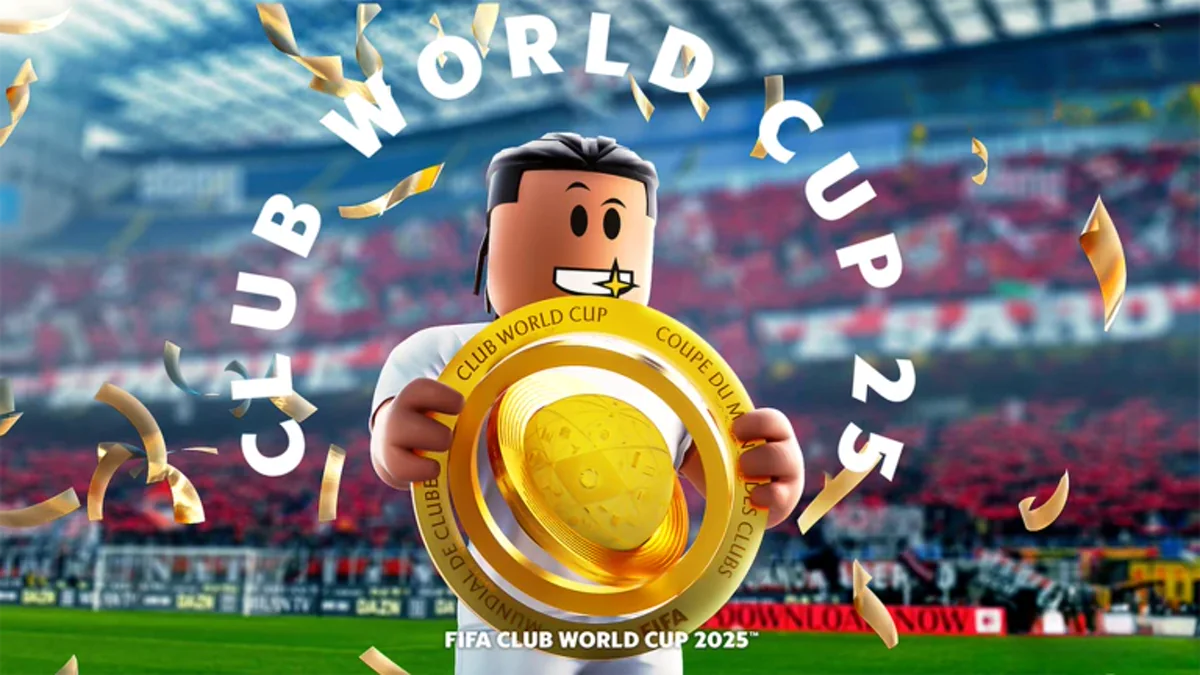 โปสเตอร์ Club World Cup 2025 ย้อนหลัง เป็นนักฟุตบอลถือถ้วยในสนาม