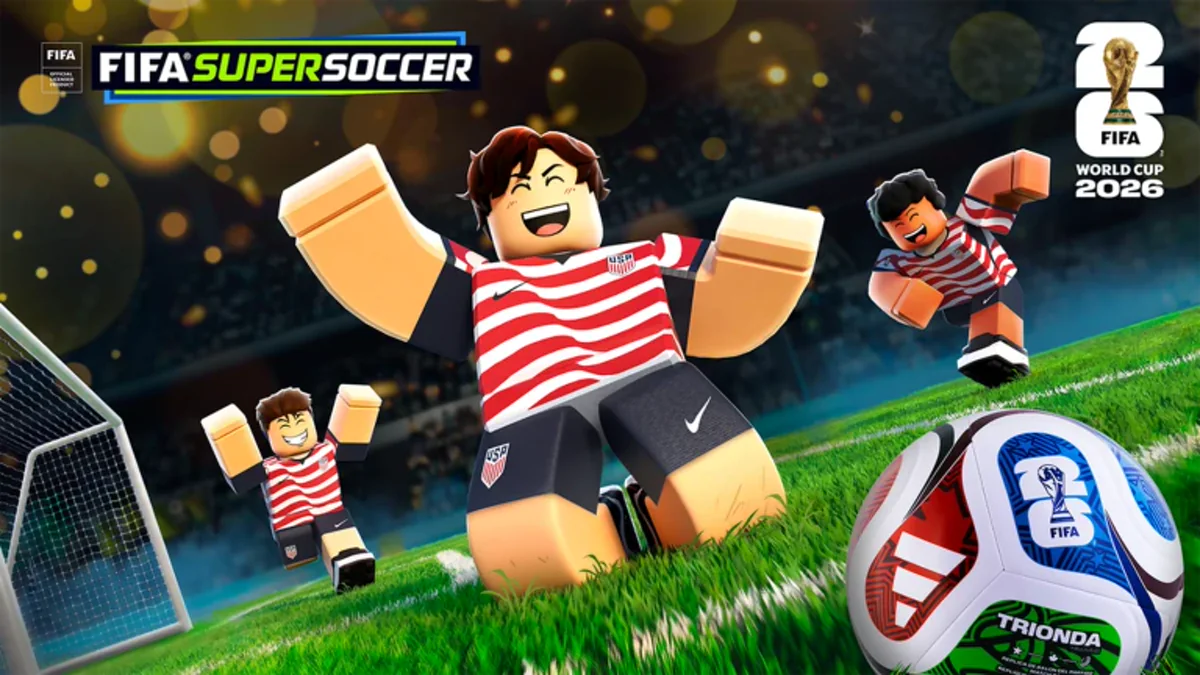 ภาพ Media FIFA Super Soccer เป็นนักฟุตบอลเสื้อลายแดงขาวชูแขนในสนาม