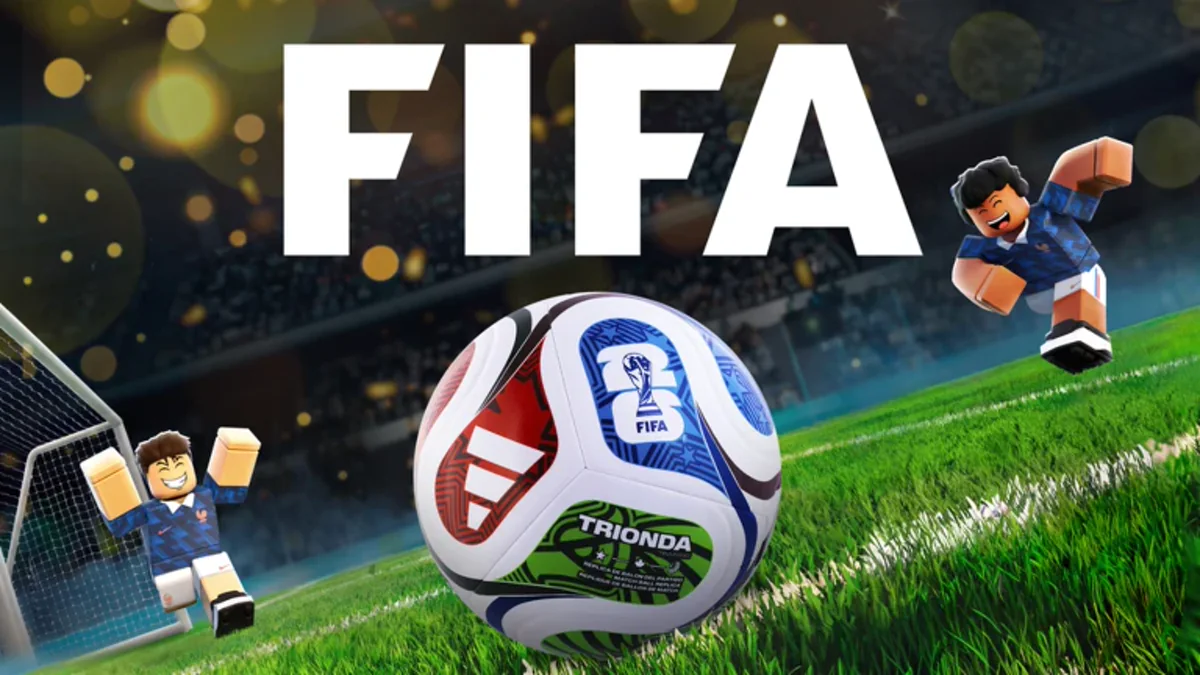 ภาพ Media FIFA Super Soccer เป็นโลโก้ FIFA กับลูกฟุตบอลและผู้เล่นในสนาม
