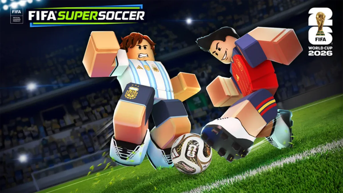 ภาพ Media FIFA Super Soccer เป็นนักฟุตบอลสองทีมแย่งลูกบอลในสนามกลางคืน