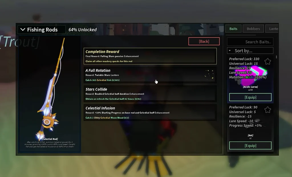 หน้า Mastery ของ Celestial Rod แสดงงาน A Full Rotation, Stars Collide และ Celestial Infusion พร้อมตัวนับ 365, 42 และ 2
