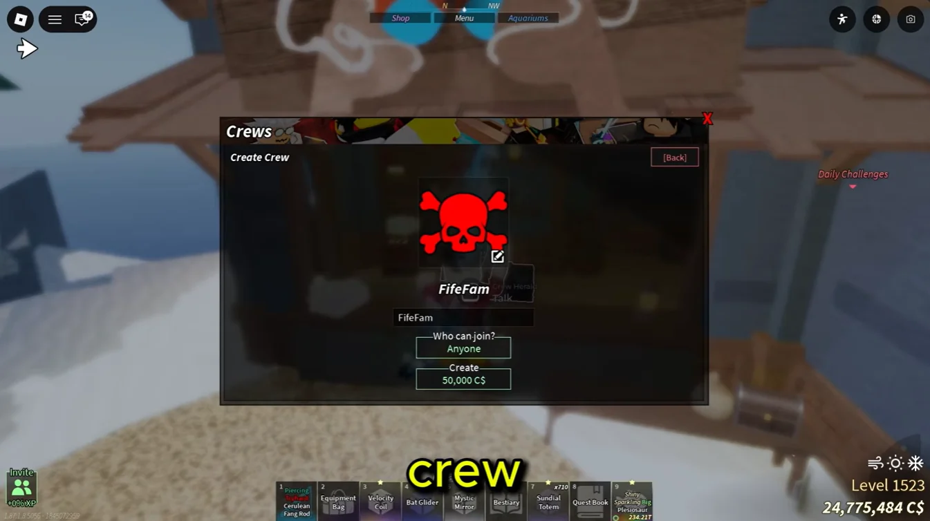 เมนู Create Crew มีช่องชื่อ สัญลักษณ์ สิทธิ์เข้าร่วม และปุ่ม Create ราคา 50,000 C$