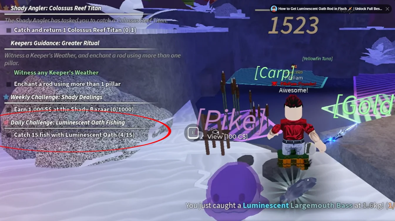 รายการ Daily Challenge: Luminescent Oath Fishing แสดงให้จับปลา 15 ตัวและทำแล้ว 4 จาก 15 ตัว