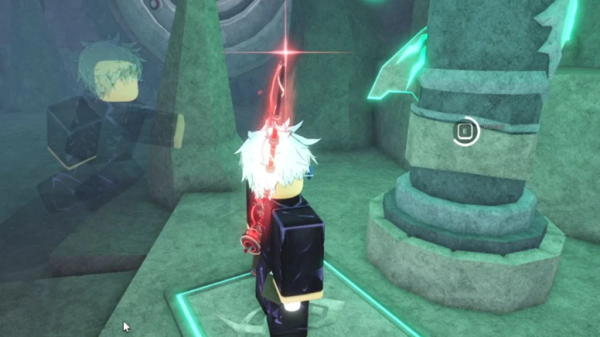 เสาสีเขียวใน Ancient Archives แสดงปุ่ม E Rotate และมีแท่นเรืองแสงอยู่ด้านหน้า