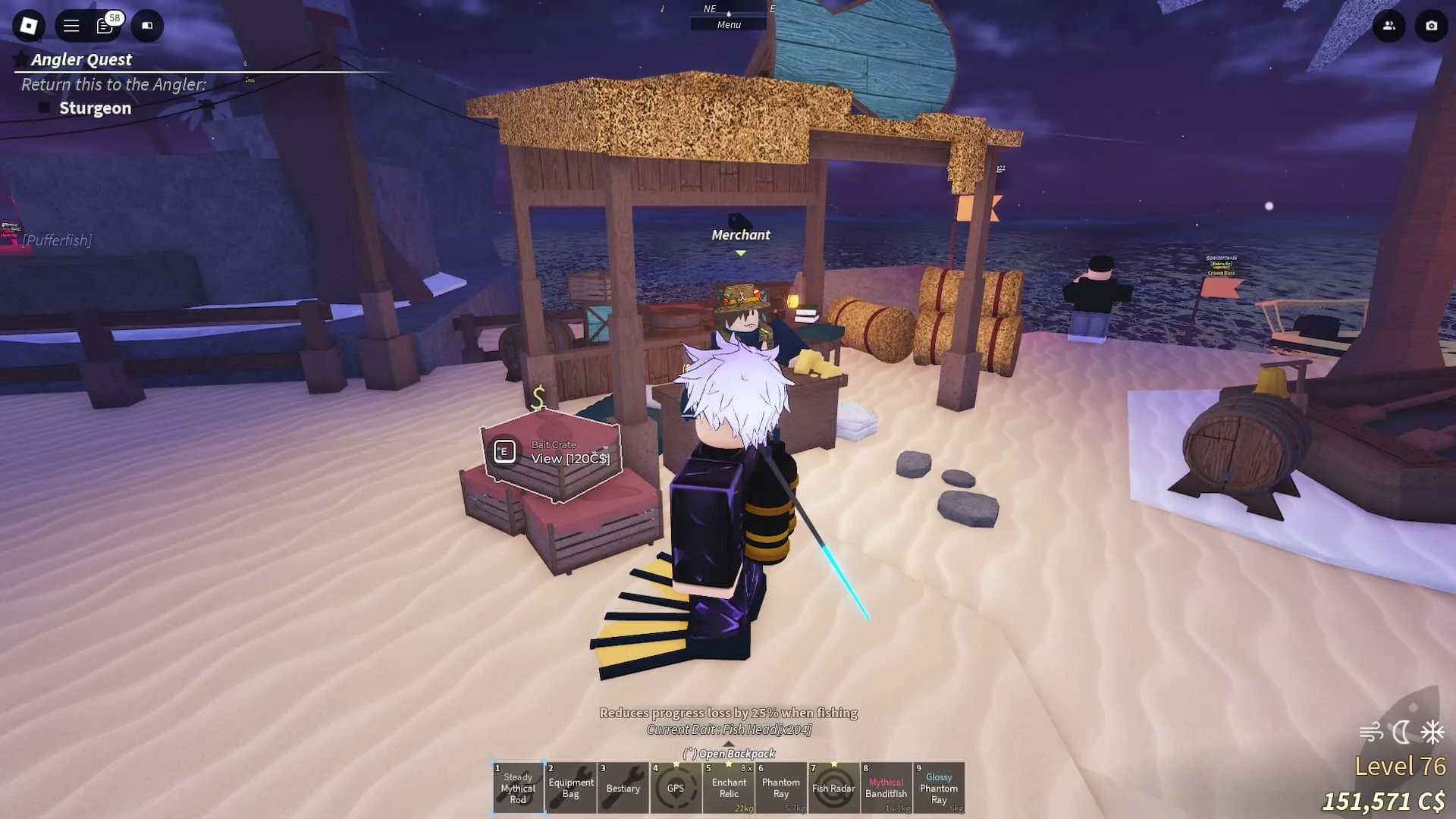กล่อง Bait Crate คลุมผ้าสีแดงวางอยู่ข้างเคาน์เตอร์ Merchant ใน Fisch