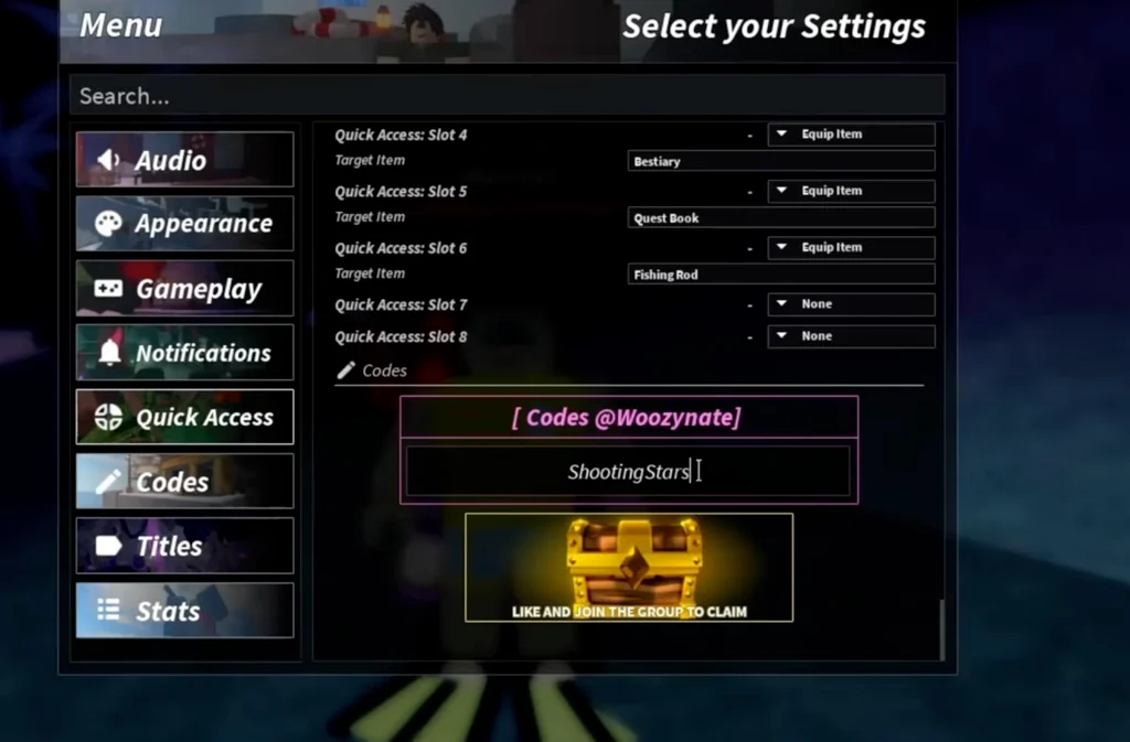 เมนู Fisch แสดงแถบ Codes และช่องกรอก ShootingStars