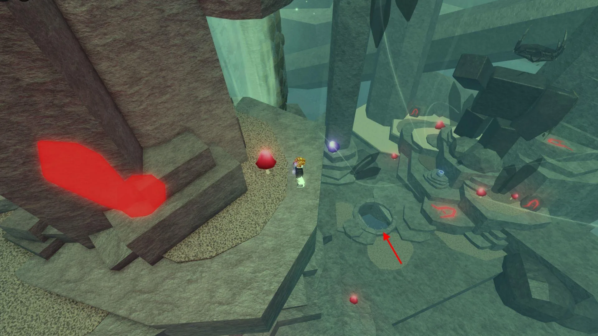 ช่องทางลงเขาวงกตใกล้รูปปั้นและแท่น Relic ใน The Depths